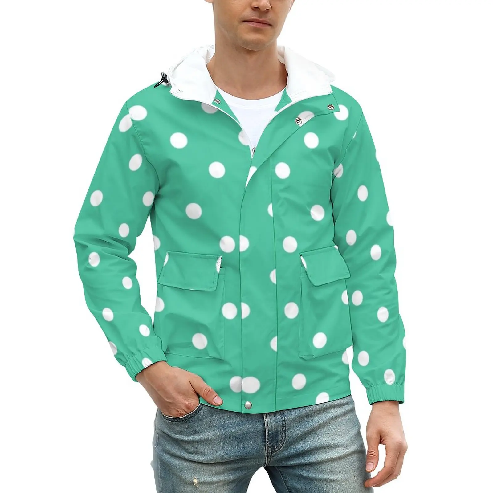 

Женская зимняя ветровка с капюшоном, в белый горошек