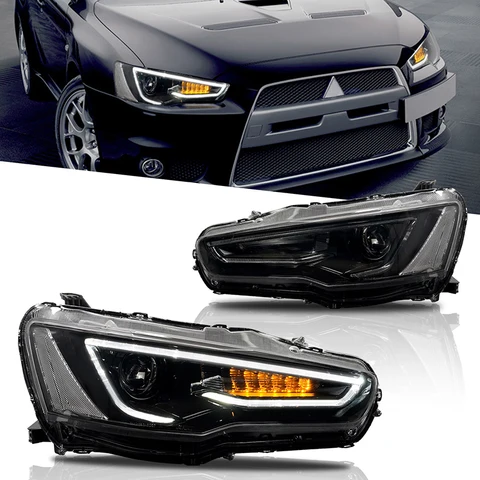 Пара светодиодных фар для Mitsubishi Lancer EVO X 2008-2021 DRL, автомобильные фары в сборе, передние демонические глаза, лампы, автомобильные аксессуары