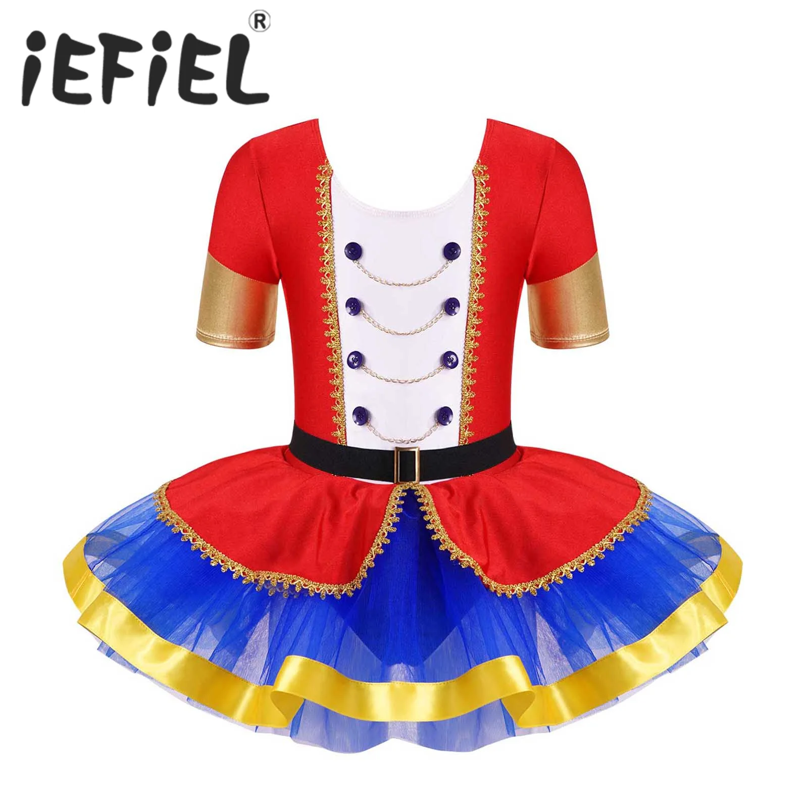 Kids Girls Circus Costumes Ballet Dancewear Dress Button Chain Decor Patchwork Tutu Mesh Dance Dress for Stage Performance