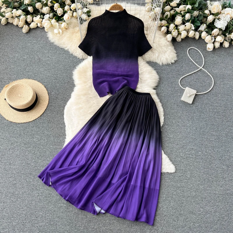 

Новинка, комплект с градиентной юбкой Dobby, женская блузка с коротким рукавом, трапециевидная длинная Плиссированная юбка до щиколотки, комп...