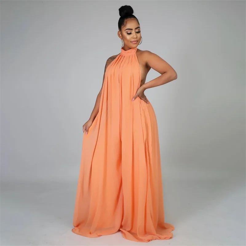 

Женский шифоновый комбинезон с лямкой на шее FUDA, свободный слитный комбинезон без рукавов с открытой спиной и широкими штанинами, 2023