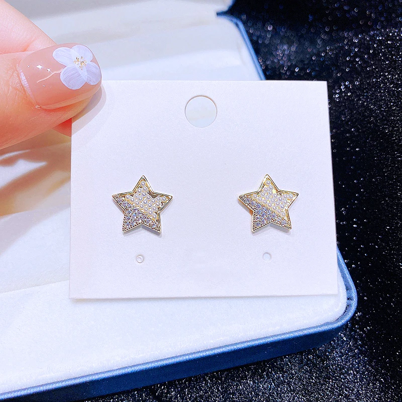 

Exquisite Imitation Pearl Crystal Star Stud Earrings Gold Color Plated Cubic Zirconia Women Jewelry