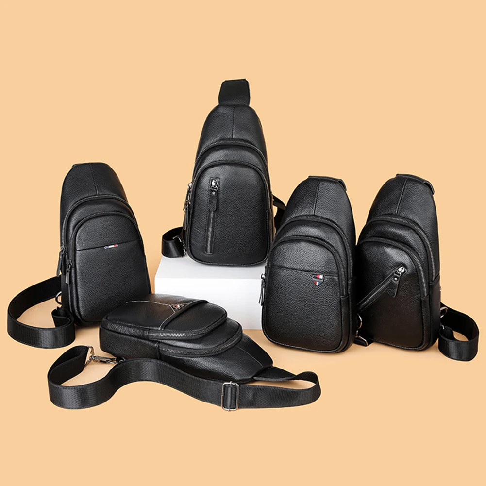 

Men Crossbody Bag Solid Color Cowhide Shopper Bag Large Capacity Chest Bags Multi Pocket for Weekend Vacation Travel Waist Pack