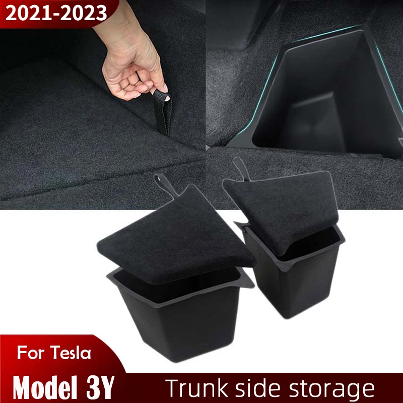 

TPE Car Rear Trunk Organizer Storage Box For Tesla Model 3 Model Y Accessories Side Storage Bins Side Storage Packets 2021-2022