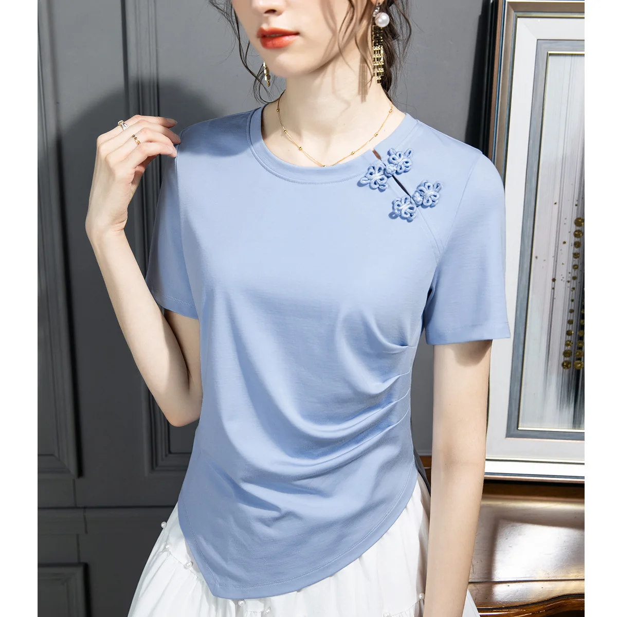 

2022 Women's Tops Solid Color Casual Round Neck 100% Cotton Short Sleeves grey