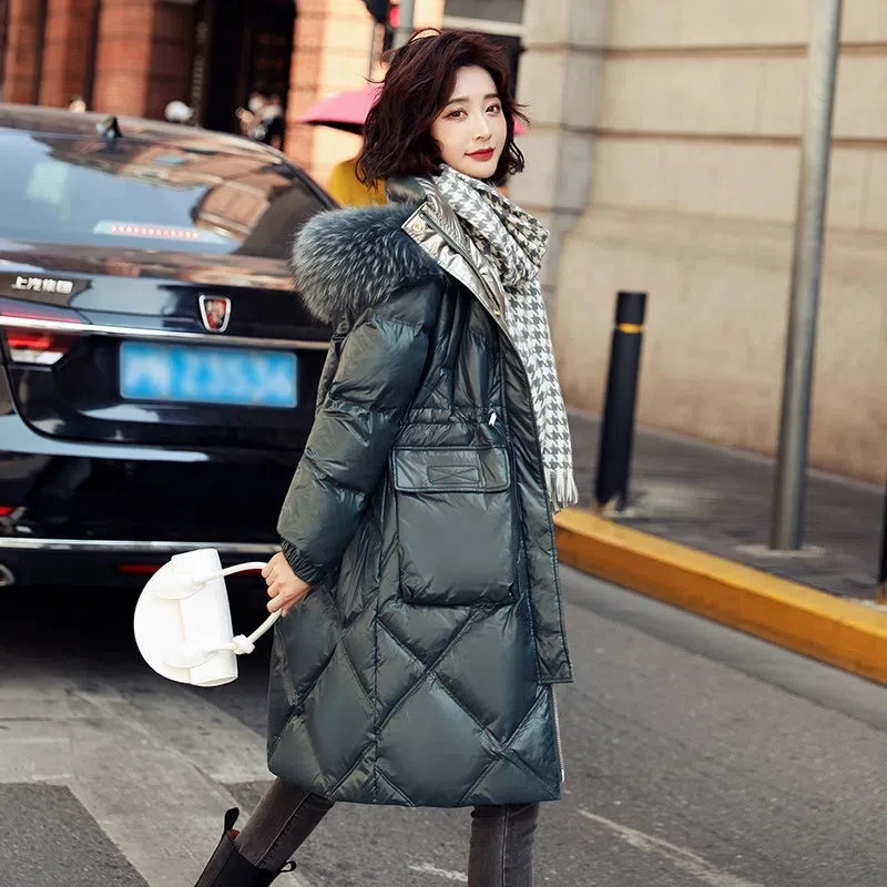 Down Jacket Women 2022 Winter New Fashion Real Raccoon Fur Collar White Duck Down Coat Female Casual Long Slim Hooded Parkas