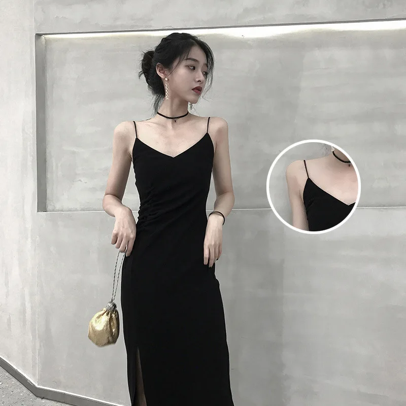 

Strap Dress for Women Platycodon Grandiflorum French Slimming 2022 New Spring and Autumn Retro Slit Inner Wear Base Black Dress