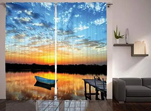 

Nautical Blackout Curtains Little Fishing Boat on Pond Tranquil Sunrise Water Reflection Picture Window Curtain