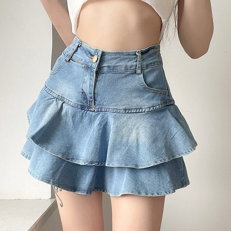 Harajuku Punk Y2K Denim Mini Pleated Skirt Ladies Summer Retro High Waist Jeans Shorts Skirts Women Ruffles Fashion Korean