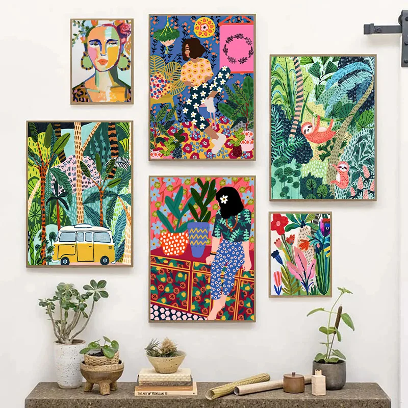 

Tropical Colorful Girl Car Flower Koala Leopard Canvas Painting Posters and Prints Wall Art Pictures for Living Room Home Decor