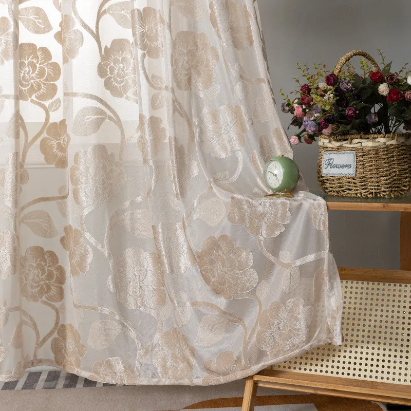 

Luxury American Pastoral Relief Flower Tulle Curtain High-grade Flocking Thickened Semi Blackout Sheer Drapes For Living Room