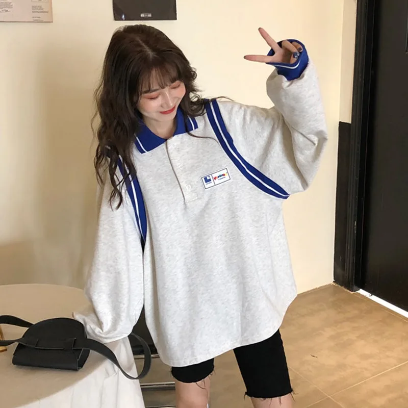 

Top Korean Style Casual Splicing Color Stripe Design Long Sleeve round Neck