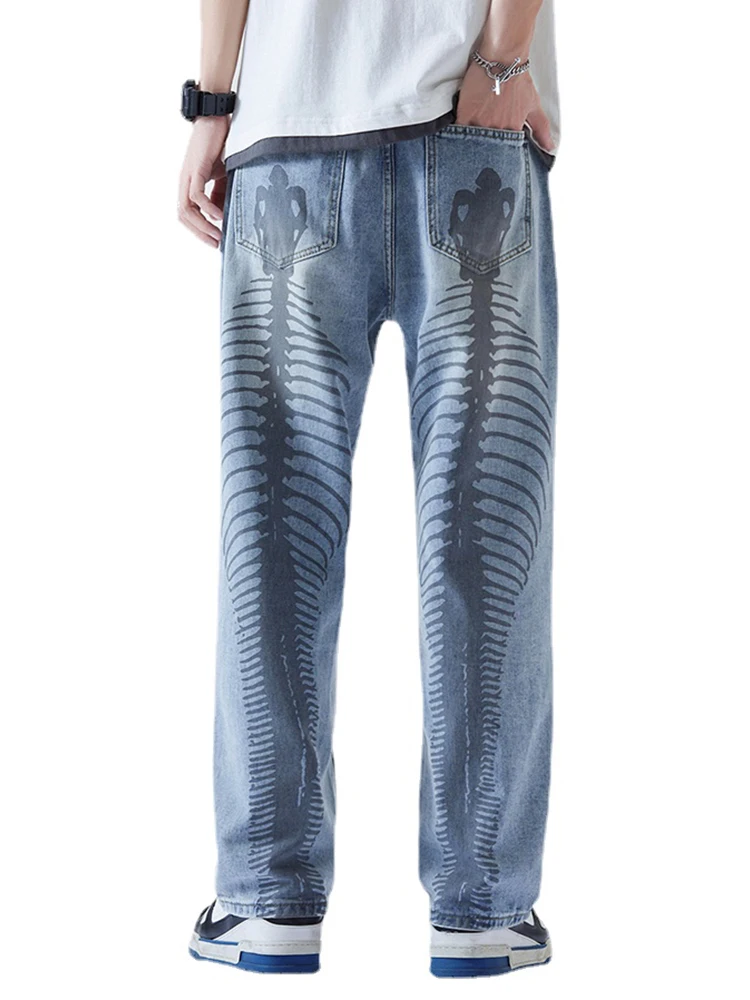 Four Seasons Men Jeans High Street Fishbone Print Jeans Men Korean Trend Loose Straight Wide Leg Pants Ins Hot Sale Men Clothing