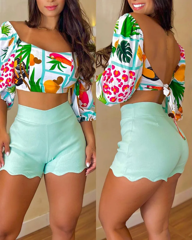 

Summer Women Printed Lace Up Top & High Waist Solid Color Shorts Suit 2022 New Fashion Short Sleeve Shirt Bohemian Two Piece Set
