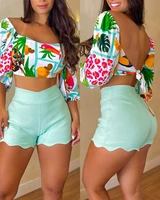 summer women printed lace up top high waist solid color shorts suit 2022 new fashion short sleeve shirt bohemian two piece set