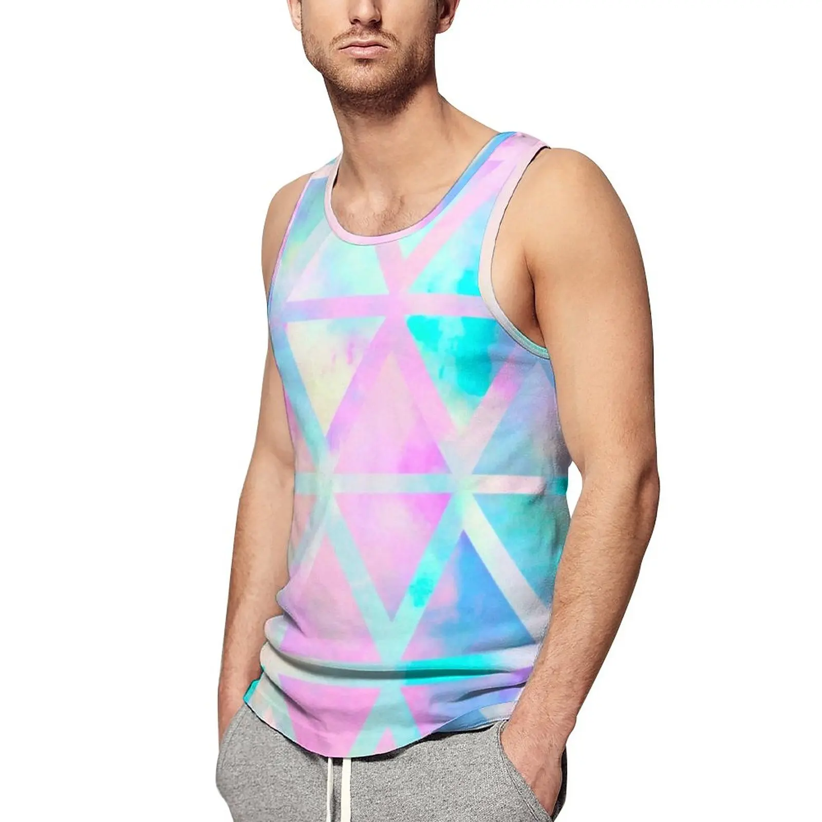 

Ombre Geo Print Summer Tank Top Pink Pastel Bodybuilding Tops Males Design Cool Sleeveless Vests Big Size