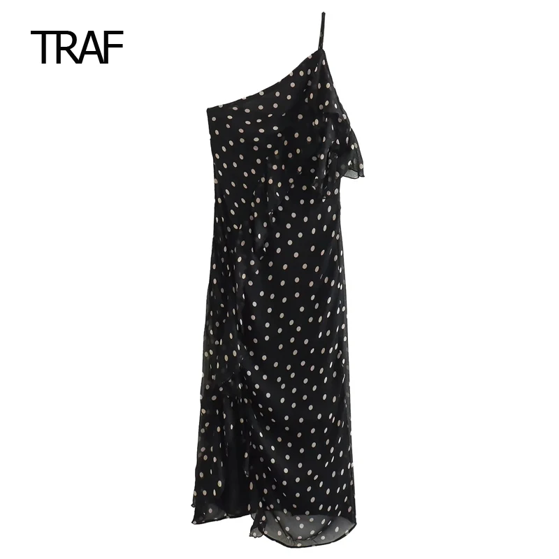 

TRAF Asymmetric Slip Dress for Women Summer 2023 Black Dot Ruffled Slit Backless Straps Female Midi Dresses New Party Long Dress