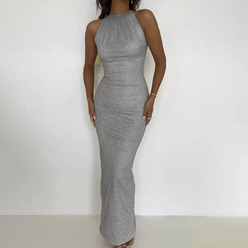 

Женское сексуальное платье с блестками Mandylandy, элегантное модное платье без рукавов с круглым вырезом и высокой талией, корсет с лямкой на шее, вечернее платье