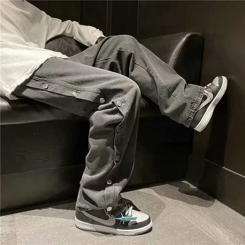 spring and autumn new men's fashion trend old port style straight loose wide leg trousers buttoned jeans
