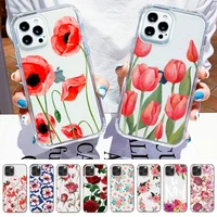 red poppies tulip rose phone case for iphone 11 12 13 mini pro max 8 7 6 6s plus x 5 se 2020 xr xs clear case
