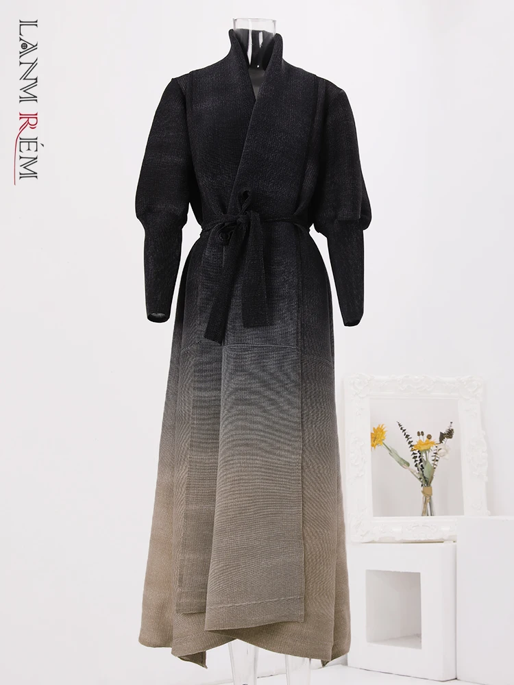 Женская длинная Плиссированная ветровка LANMREM с градиентом поясом и присборенной