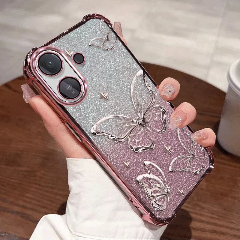 Фото Блестящий защитный чехол для Vivo V70 Lite 5G V70 FE, гибкий TPU-чехол с противоударной защитой по четырем углам и узором в виде бабочек. №5