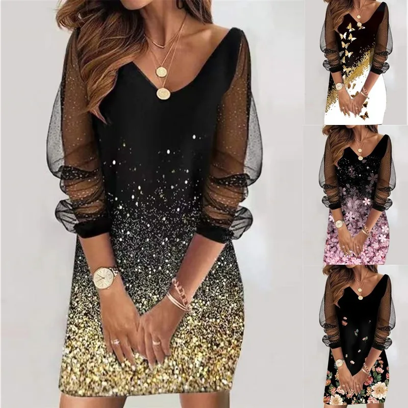 

High Quality New Mesh Long Sleeve V Neck Fashion Sexy Elegant Short Skirt, Printed Sequin Sheer Mesh Ladies Dress 1A014