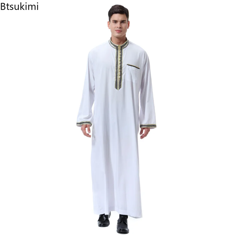 Muslim Men O-Neck Arabic Abaya Islamic Clothing Dubai Kaftan Long Sleeves Adult Jubba Thobe Pakistan Men Clothing Prayer Clothes