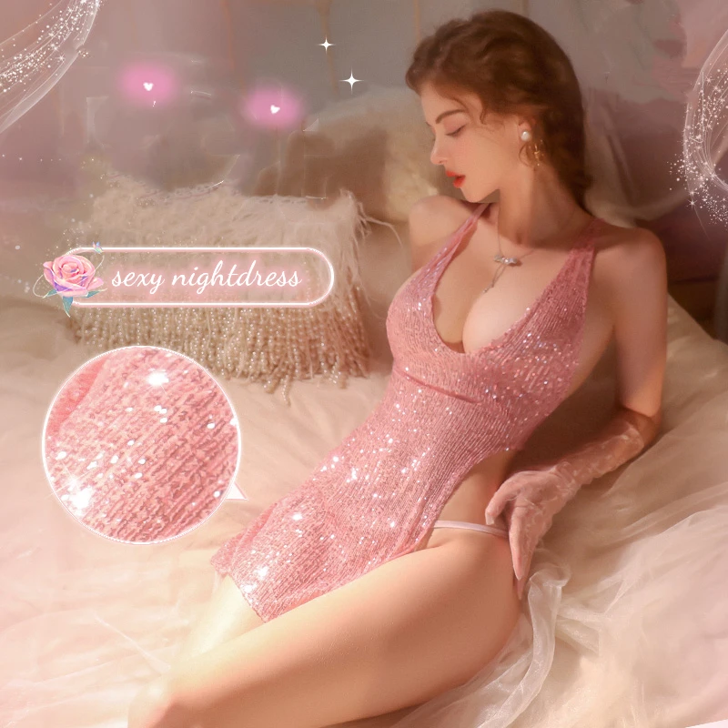

Соблазнительное платье с глубоким V-образным вырезом, блестящая Пижама, Женская юбка, розовое сексуальное нижнее белье, очаровательные кост...