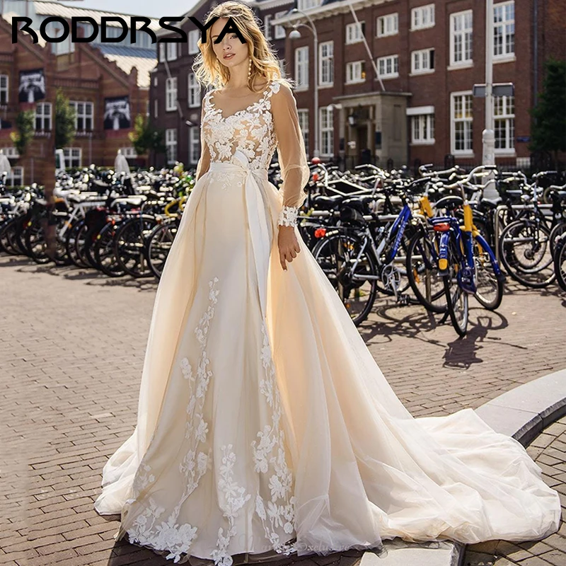 

RODDRSYA Romantic O-Neck Puff Sleeve Wedding Dress Elegant Tulle Applique A-line Bride Party Dreamy Button Back Robe De Soirée