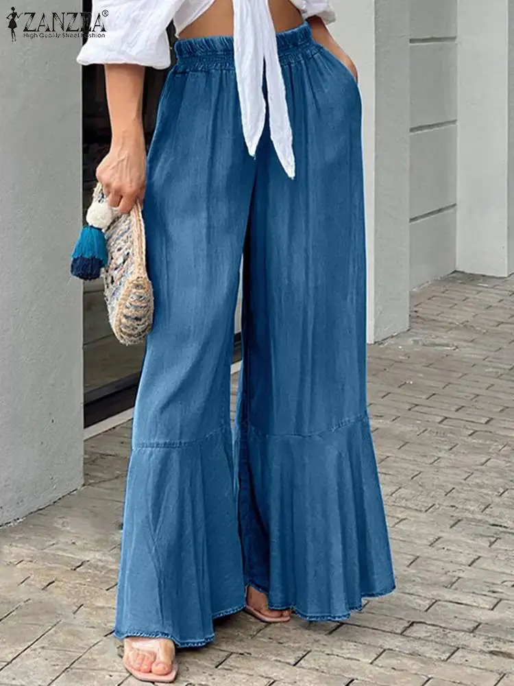 

ZANZEA Summer Wide Leg Pants Women's Casual Denim Blue Maxi Pantalon 2022 Chic Solid Flare Trousers Holiday Vintage Long Palazzo