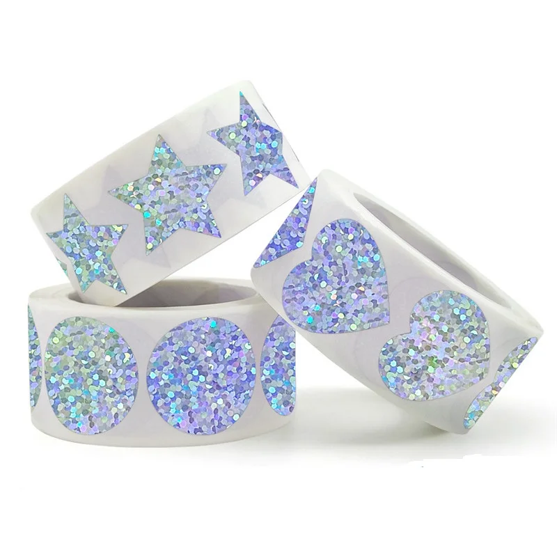 

New 50-500pcs Laser Blank Love Heart Stars Round Stickers Handmade Decoration Holiday Birthday Party Sealing Label Sticker