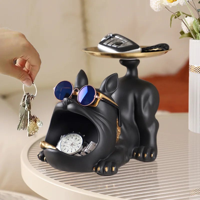 

Black Dog Figurine for Home Interior Decoration,Key Jewelry Storage Box Tray,Bulldog Resin Statue,Living Room Desktop Ornaments