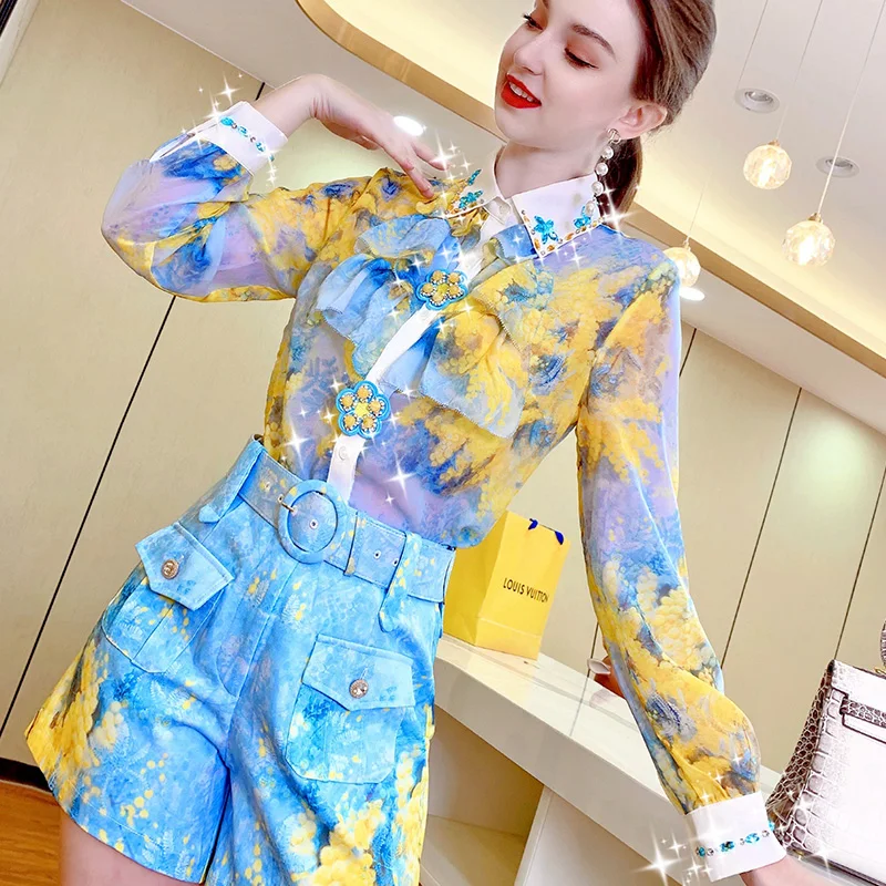 

2022 Spring New Women's Wear High-End Temperament Lapel Long Sleeve High-Grade Top Shirt + Waist Closing Shorts Two-Piece Set