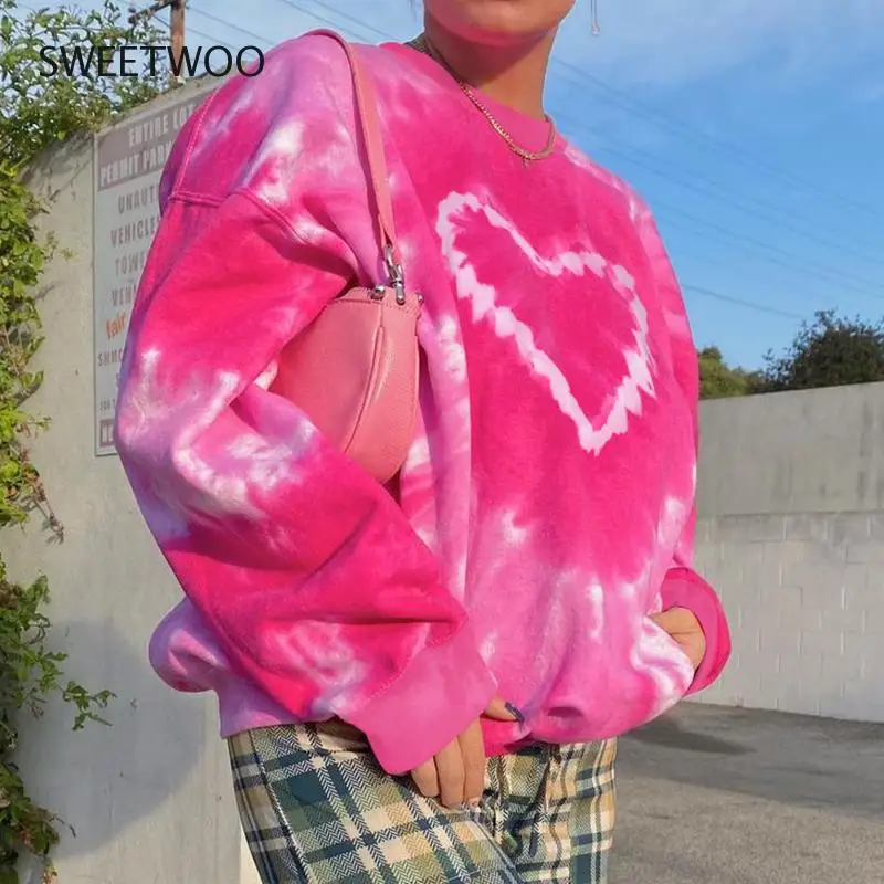 

Heart Pattern Y2K Aesthetics Pink Oversized Sweatshirts Women 2022 E-Girl Tie Dye Crewneck Long Sleeve Tops Autumn Pullovers