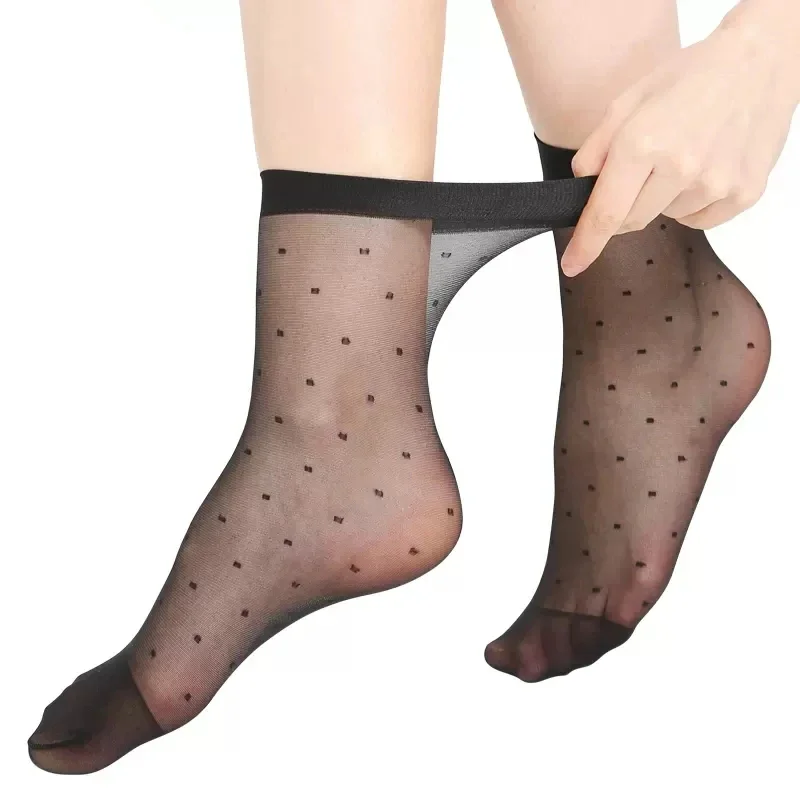 10pairs Black Dot Transparent Socks Ultra-thin Elastic Women Crystal Silk Socks Nylon Fashion Ladies Summer Short Ankle Socks