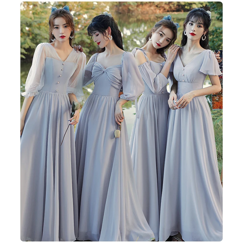 Elegant Bridesmaid Dresses 2022 New Gray Simple Three Quarte Sleeve Women Wedding Party Dress Female Chiffon Prom Grown
