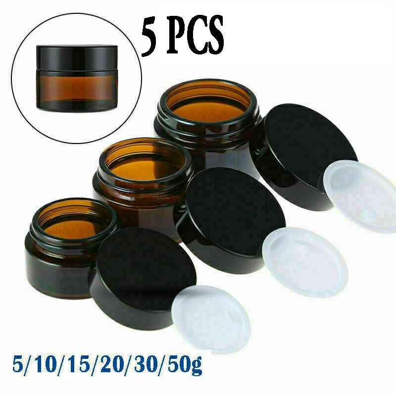 

5pcs 5ml/10ml/15ml/20ml/30ml/50ml Glass Amber Cosmetic Face Cream Bottle Lip Balm Container Jar Pots Makeup Vials