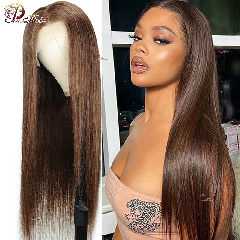 Chocolate Brown Lace Frontal Human Hair Wigs Straight 13X4X4/13X1 Transparent Lace For Women Dark Brown Remy Wig Peruvian 28Inch