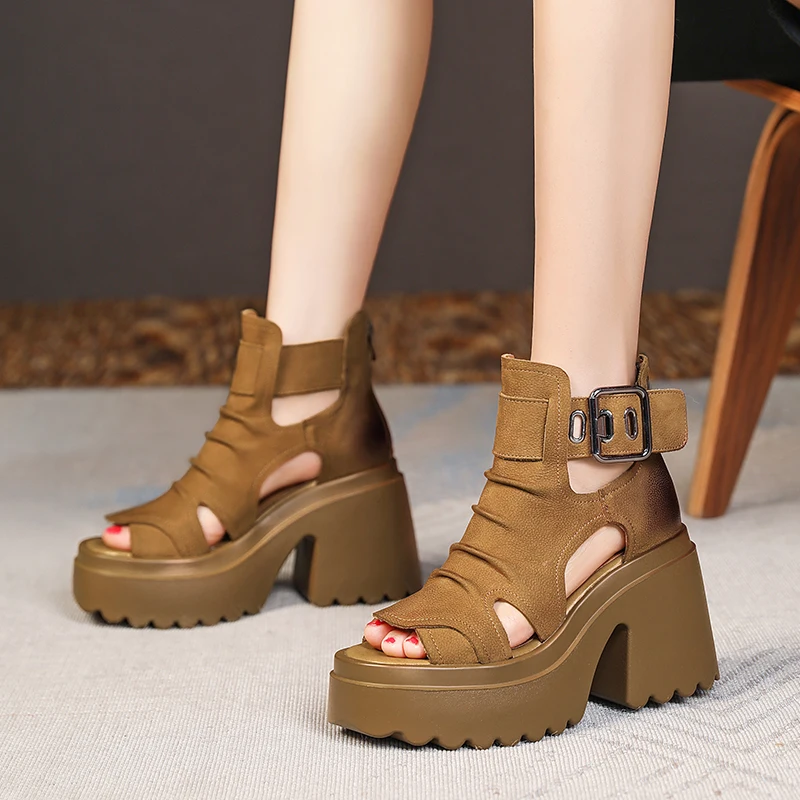 

2023 Summer Women's Platform Sandals Genuine Leather Roman Muffin Hollow-out Boots Peep Toe Comfortable High-Top High Heel