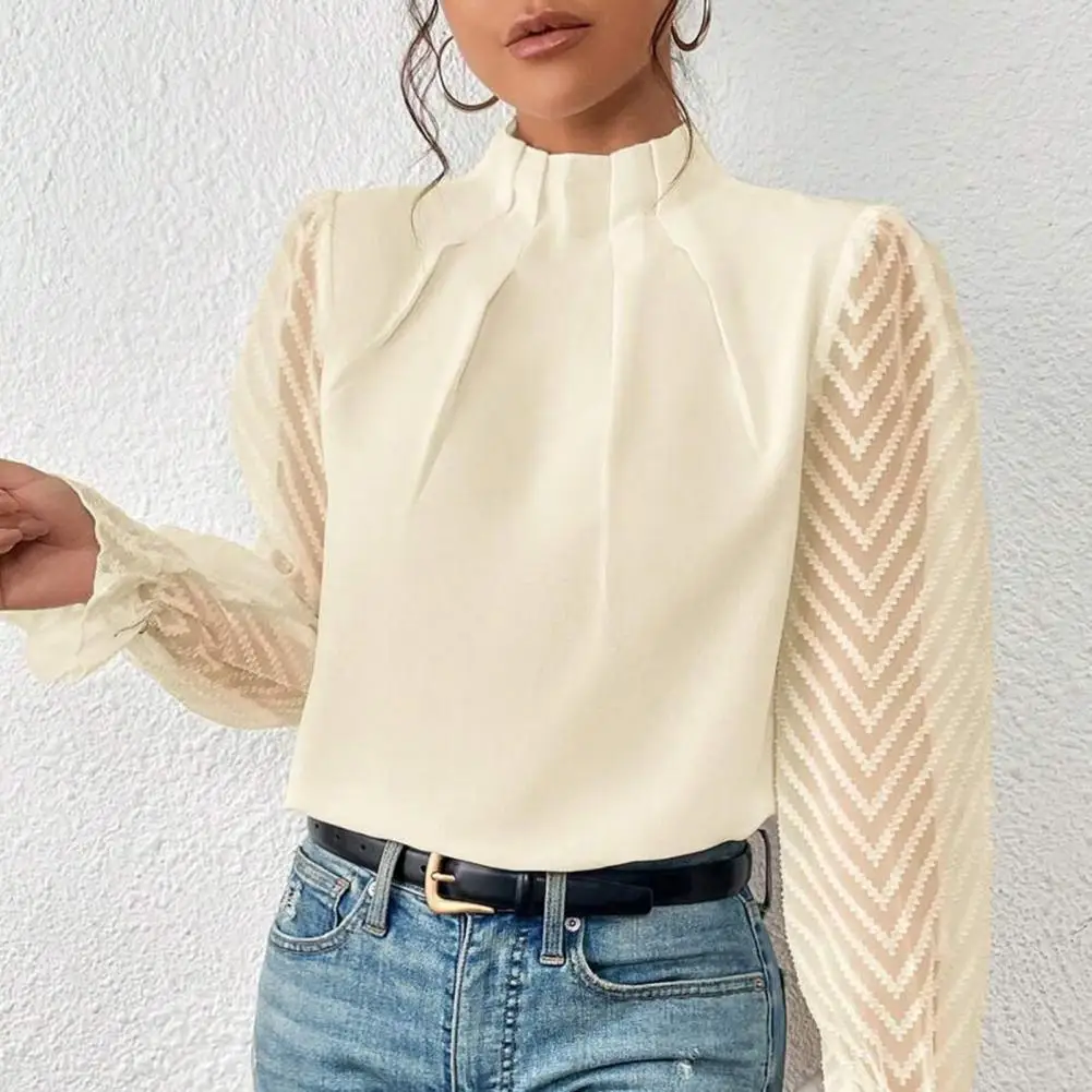 

Breathable Women Top Elegant Lace Patchwork Blouse Stylish Women's Ol Fashion with Ruffle Sleeves See-through Design Solid Color