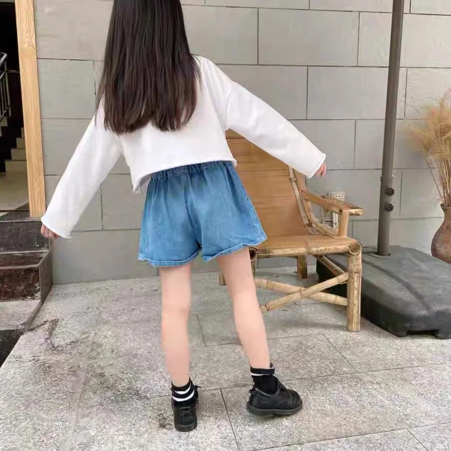 2023 Summer Denim Shorts for Girls High Waist Elastic Toddler Girls Teenage Children's Jeans Hem Fashion Blue White Kids Pant