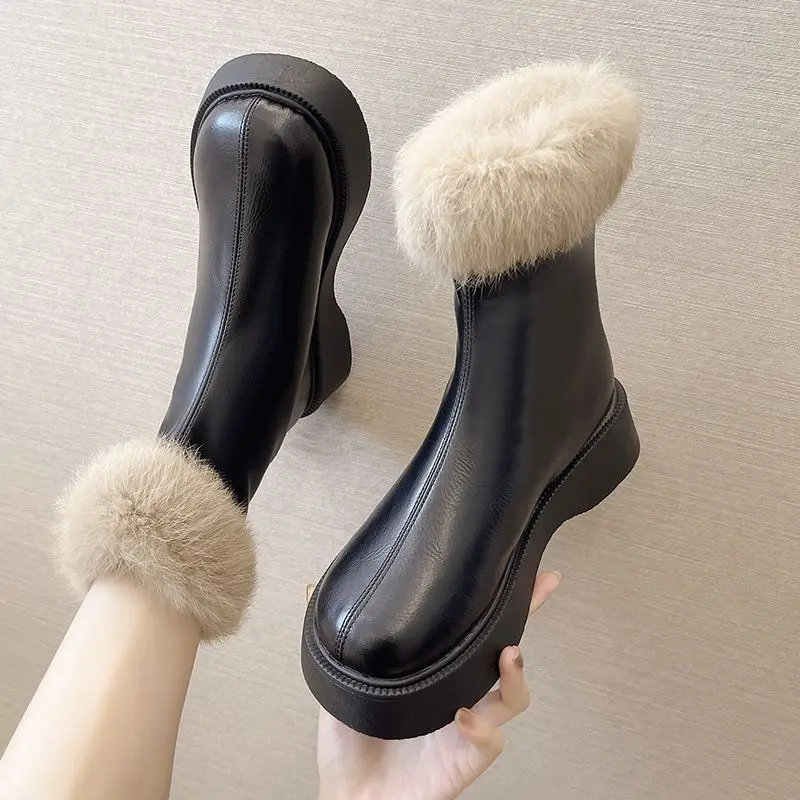 

Ботинки женские зимние на меху, мягкая кожа, плюш, теплый хлопок, удобные на толстом каблуке, Нескользящие, на молнии