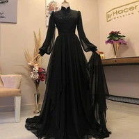 black long sleeve musilm evening dresses a line high neck chiffon dubai arabic formal prom gown vestidos elegantes para mujer