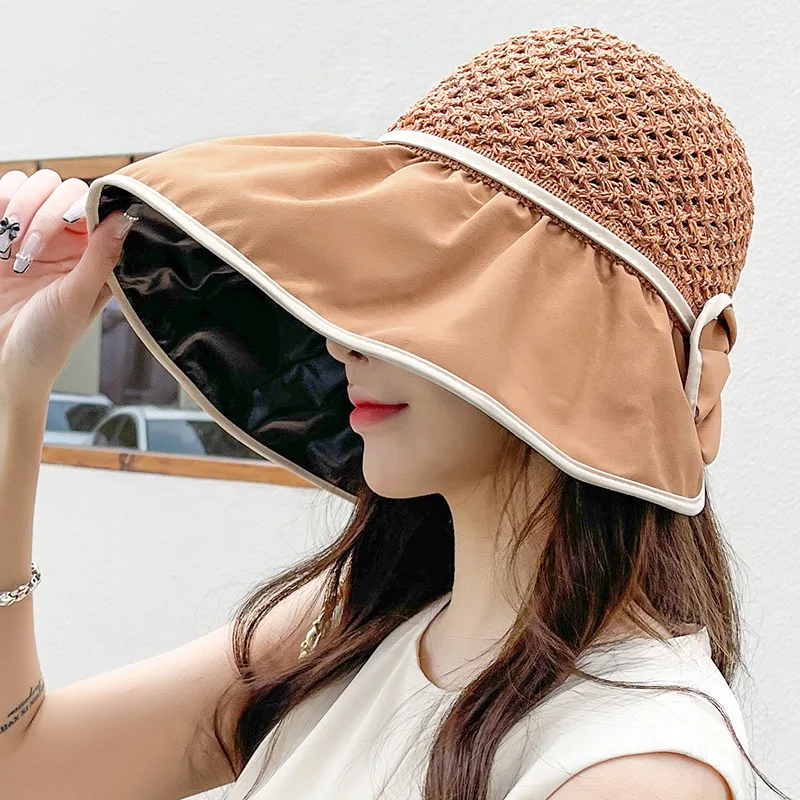 

Korean Version Of Women's Black Plastic Sun Hat With Big Eaves Outdoor Vacation Temperament Fisherman's Hat Sun Hat Bow Hat