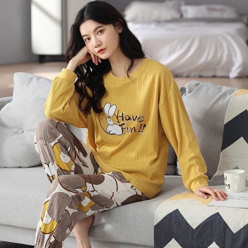 Pajamas Female Alphabet Rabbit Cotton Long-sleeved Trousers Sweet and Cute Can Be Worn Outside Home Clothes