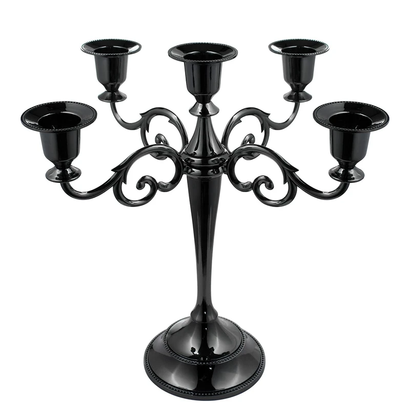 

2X Black Metal Candelabra With 5 Arms Candlestick Gothic Candle Holders For Home Decor Wedding Christmas Church Party
