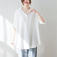 loose korean version bf front short back long solid color three quarter sleeve blouse slimming belly cover shirt womens summer