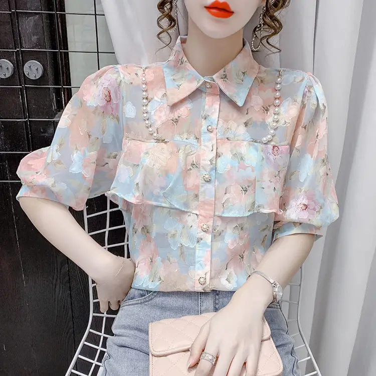 

New Summer Pearl Ruffle Edge Floral Chiffon Blouse Sweet Turn Down Collar Floral Short Sleeved Bottoming Shirt