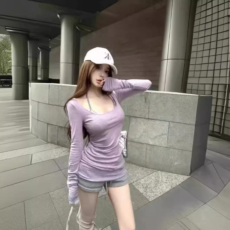 Корейская модная фиолетовая облегающая футболка с круглым вырезом и длинными